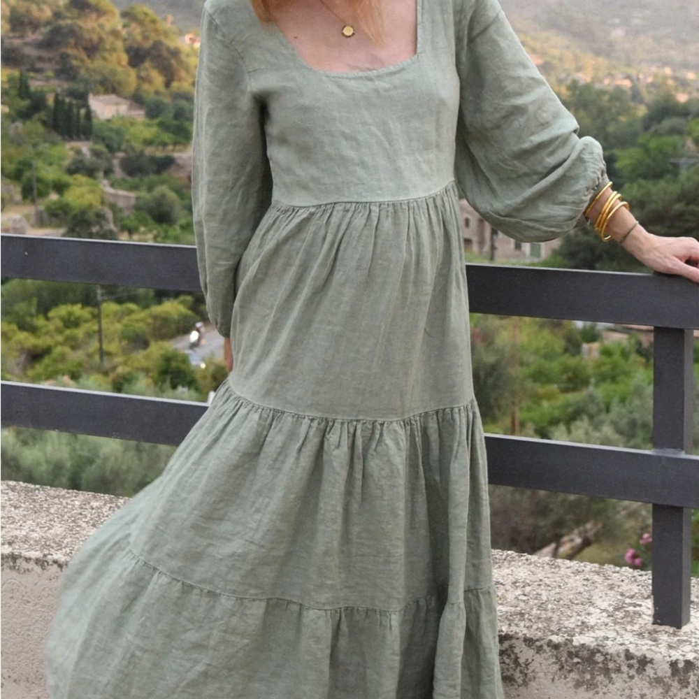Sage Green Linen Tiered Maxi Dress - Women